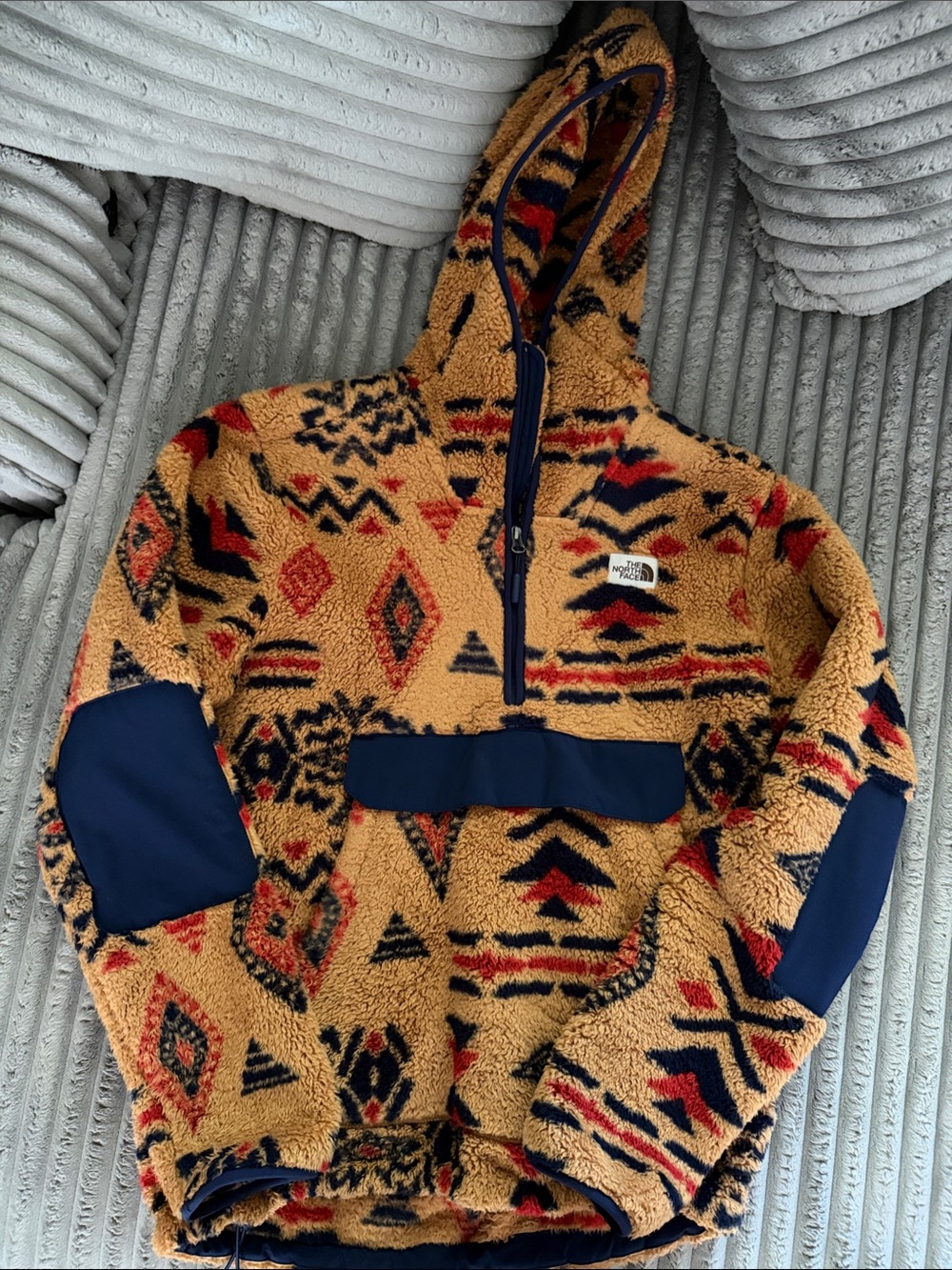 The North Face Men’s Tan Patterned Hooded Puffer with Navy & Red Accents